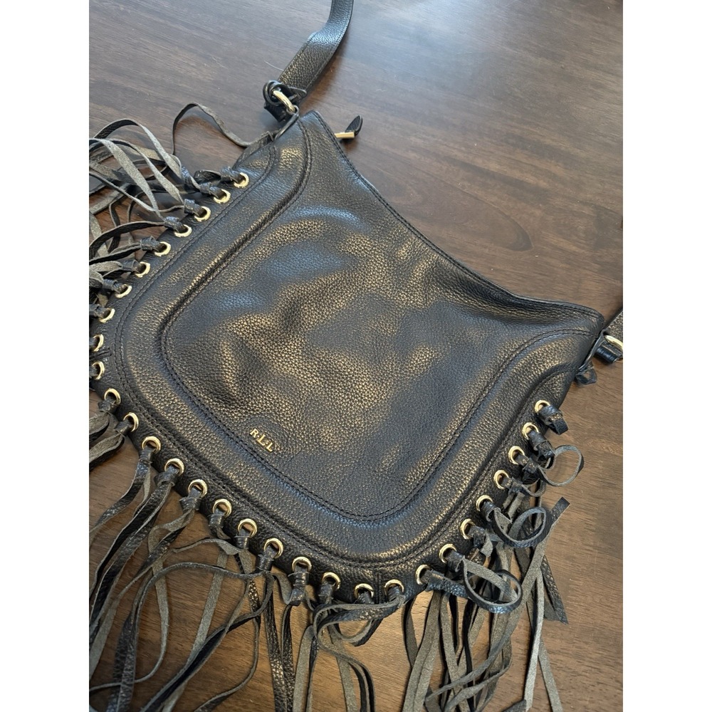 Lauren Ralph Lauren Fringe Fleetwood Hobo Bag Purse Black Leather  Bohemian - Picture 2 of 15